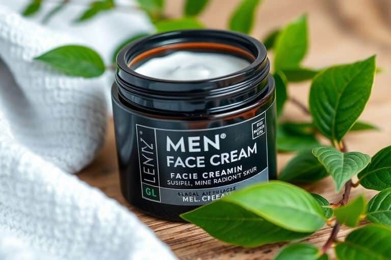 Men's face cream jar with greenery and towel.