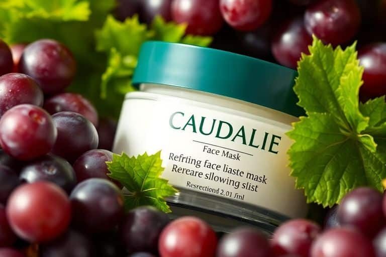 Caudalie face mask jar with grapes and green leaves.