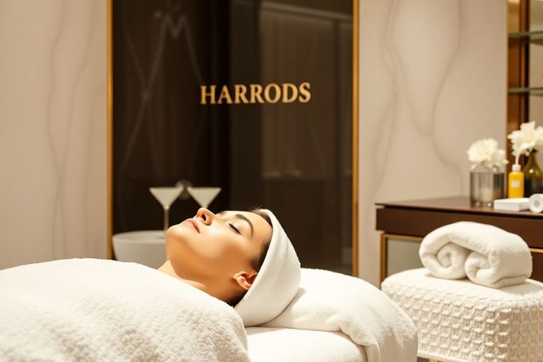 Luxurious spa facial treatment at Harrods with elegant decor.