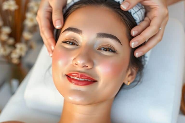 Woman enjoying a Korean Glass Skin facial treatment in a spa.