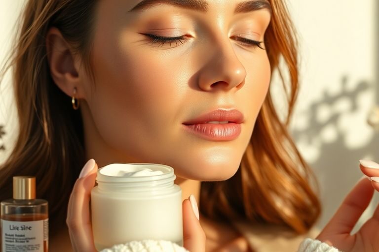 Woman applying cream, surrounded by natural skincare products.