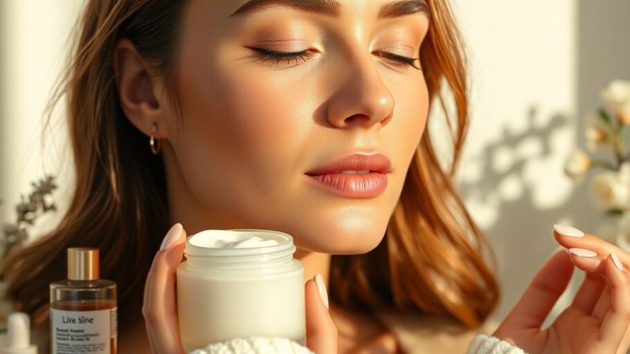 Woman applying cream, surrounded by natural skincare products.