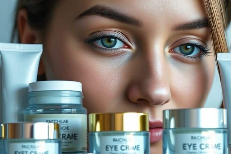 Close-up of tired eyes and eye cream products.