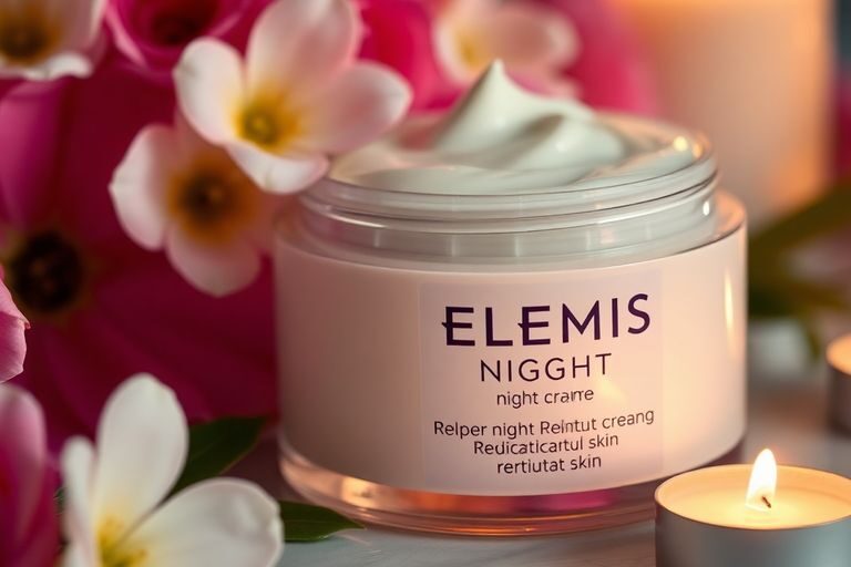 Elemis night cream jar with flowers and candlelight.