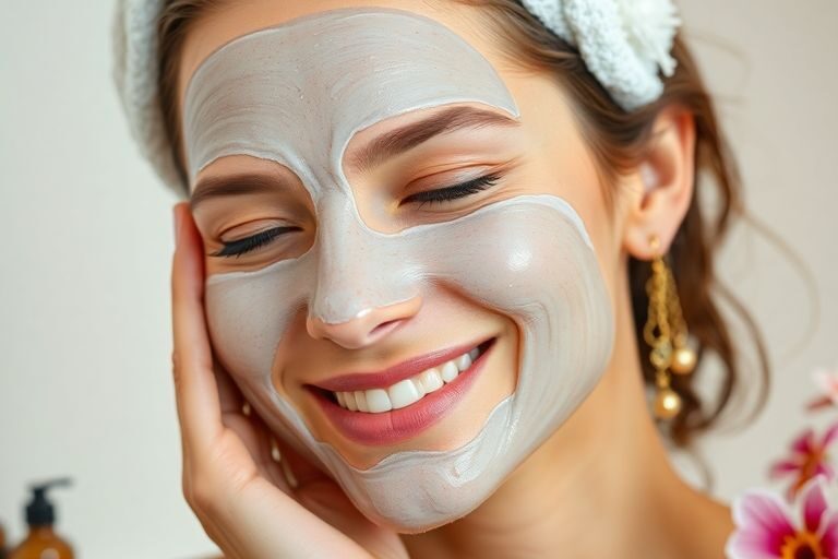 Woman applying face mask in a serene bathroom.
