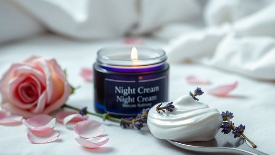 Night cream jar with rose petals and lavender sprig.
